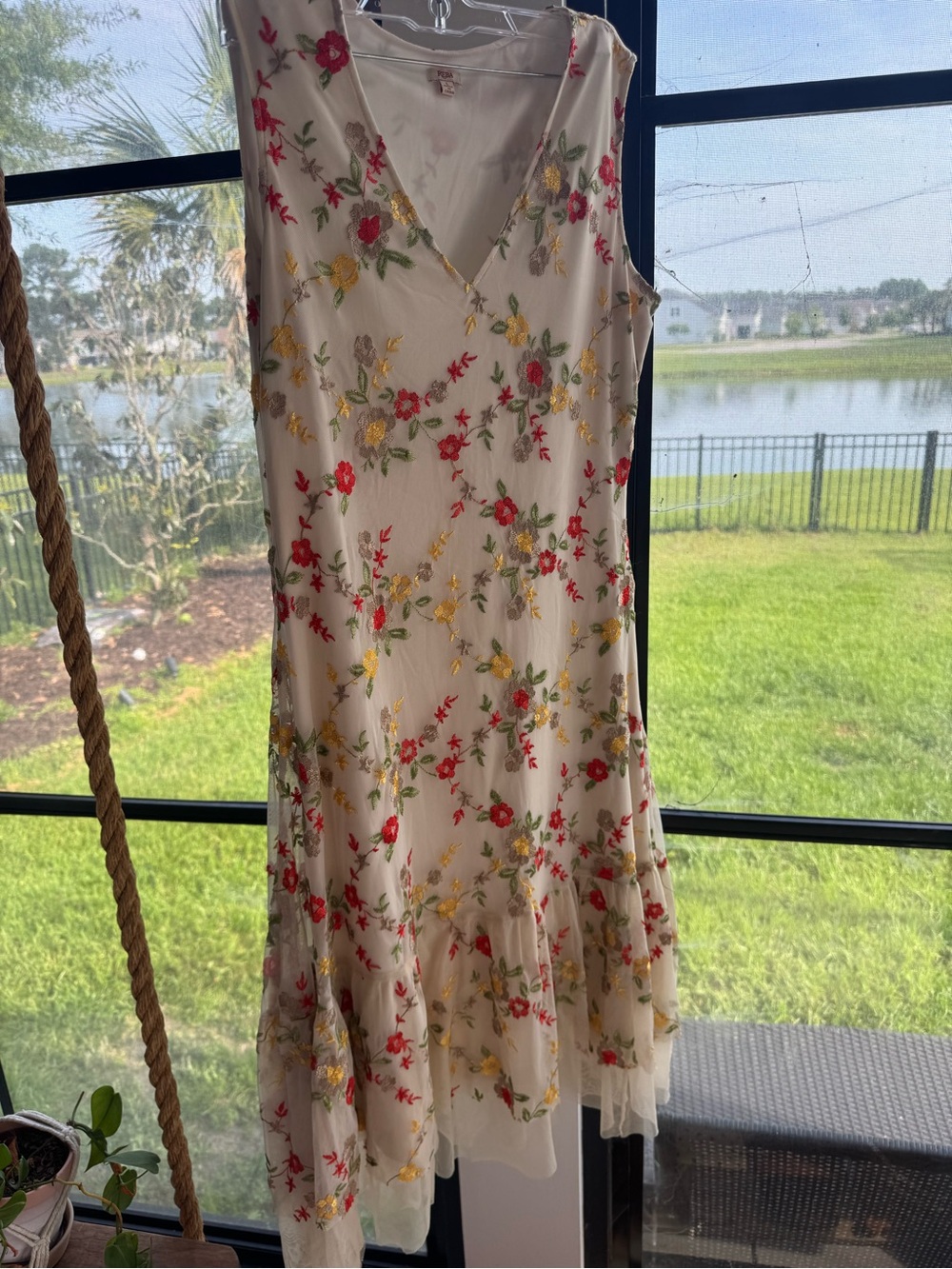 Reba Cream fairy Midi Dress with Red & Yellow Floral Embroidery